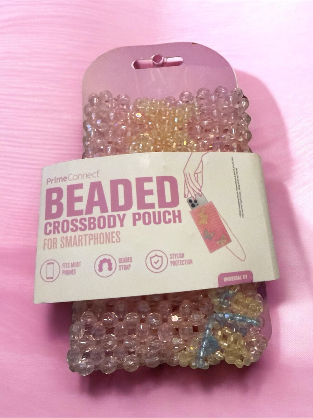 Beaded Crossbody Pouch for Smartphones - Pink/Iridescent